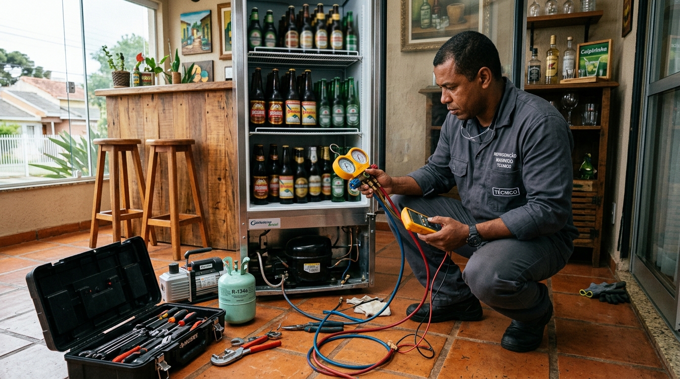 Técnico realizando manutenção de motor de cervejeira em Vitória da Conquista‑BA