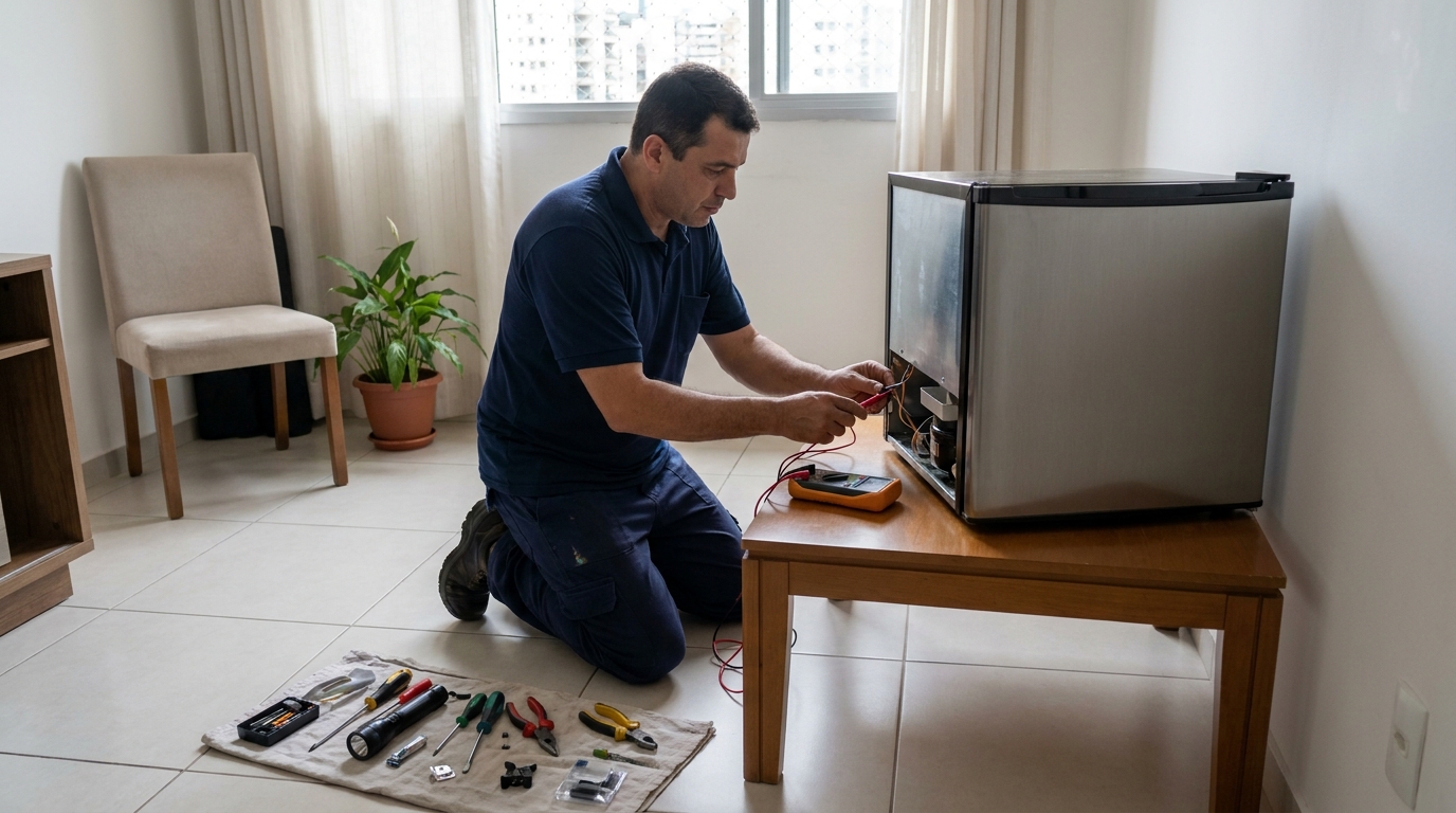 Técnico realizando manutenção de motor de frigobar em Vitória da Conquista‑BA