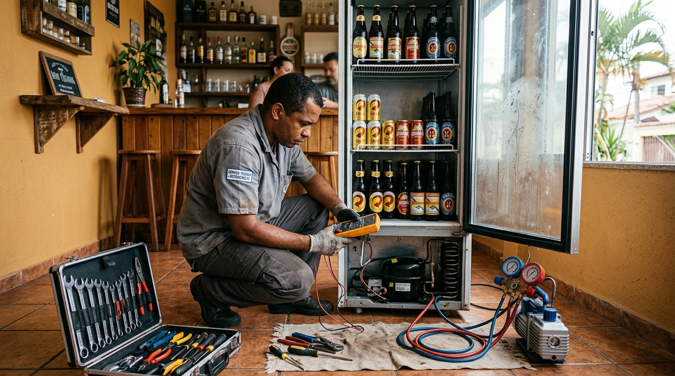 Troca de termostato de cervejeira em atendimento técnico em Vitória da Conquista‑BA